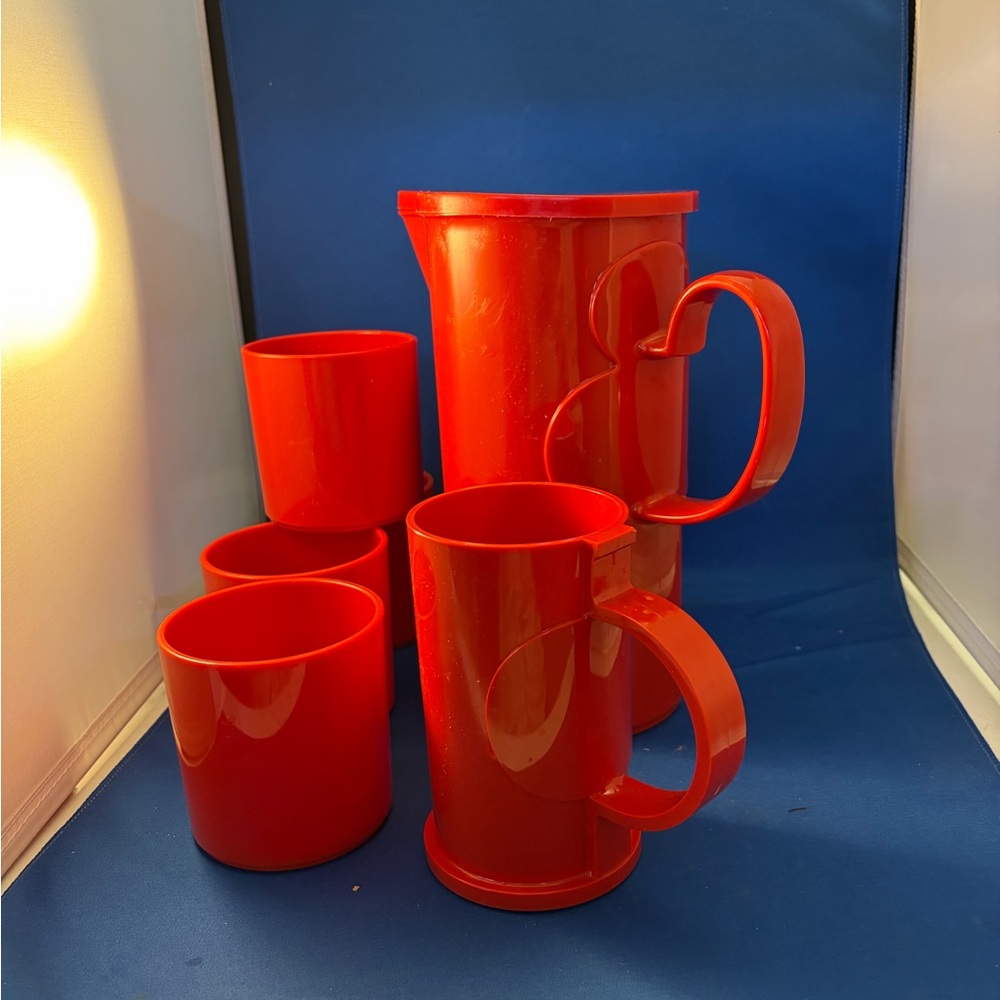 Red Plastic Pitcher and Mug Set - 6-Piece